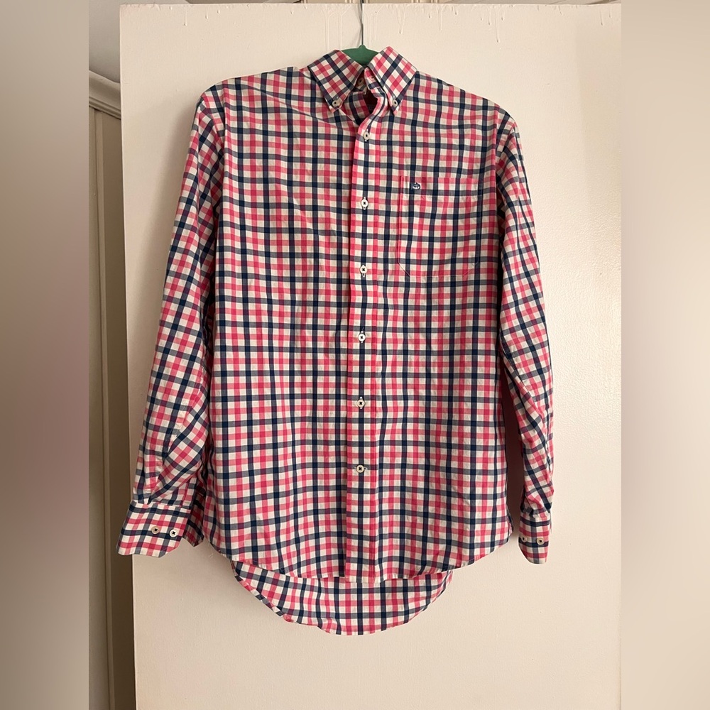 Southern Tide Men's Pink and Blue Checkered Shirt Size S